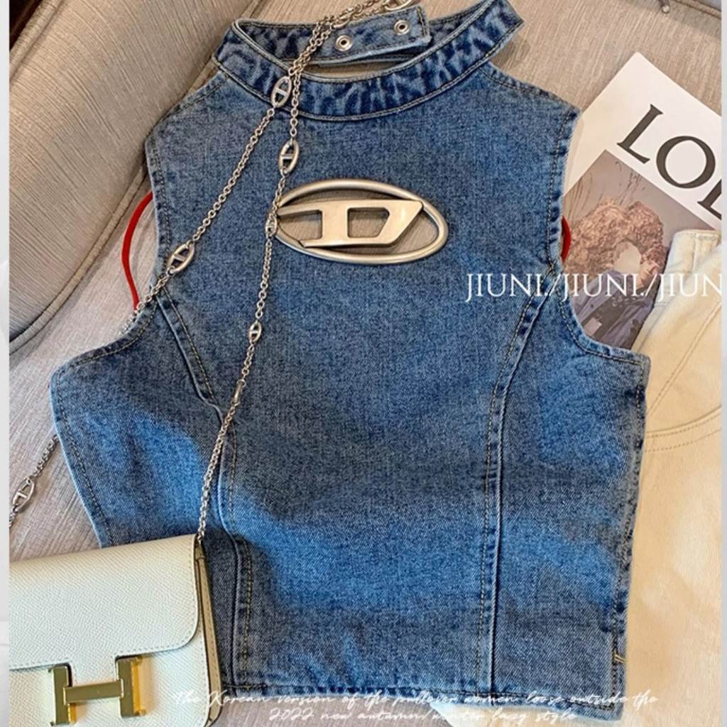 A002 Croptop bò nữ áo 2 dây ba lỗ áo yếm nữ  jeans hử lưng áo bò chữ D kim loại hot nơ buộc xinh quyến rũ 2023