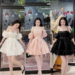 Đầm váy nữ trễ vai tay phồng đính cườm lông vũ xinh xắn dành cho các nàng diện đi tiệc, đi chơi