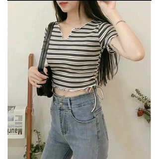 Áo Croptop Nữ Rút Dây Hoạ Tiết Kẻ Sọc Dáng Ôm