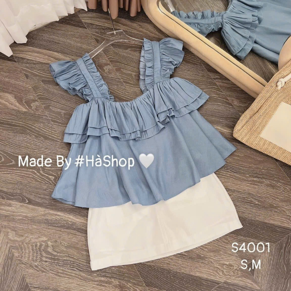 Set Áo 2 Dây Cánh Tiên Trễ Vai Bèo Vải Jean Mêm Mix Chân Váy Chữ A Màu Trắng Mặc Sang Trọng