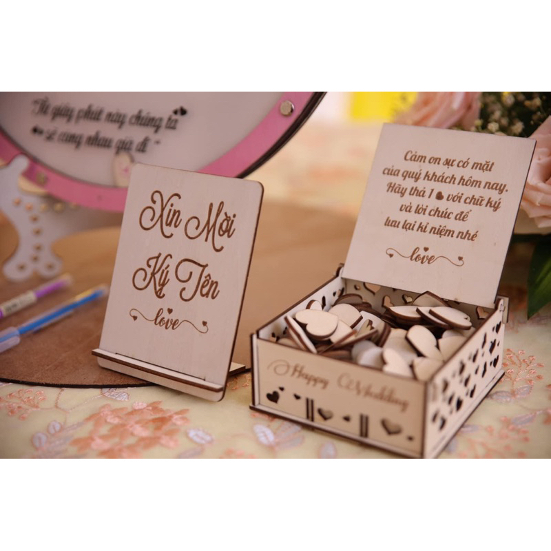 Combo tim ký tên , hộp đựng chip, bảng xin mời ký tên cho đám cưới