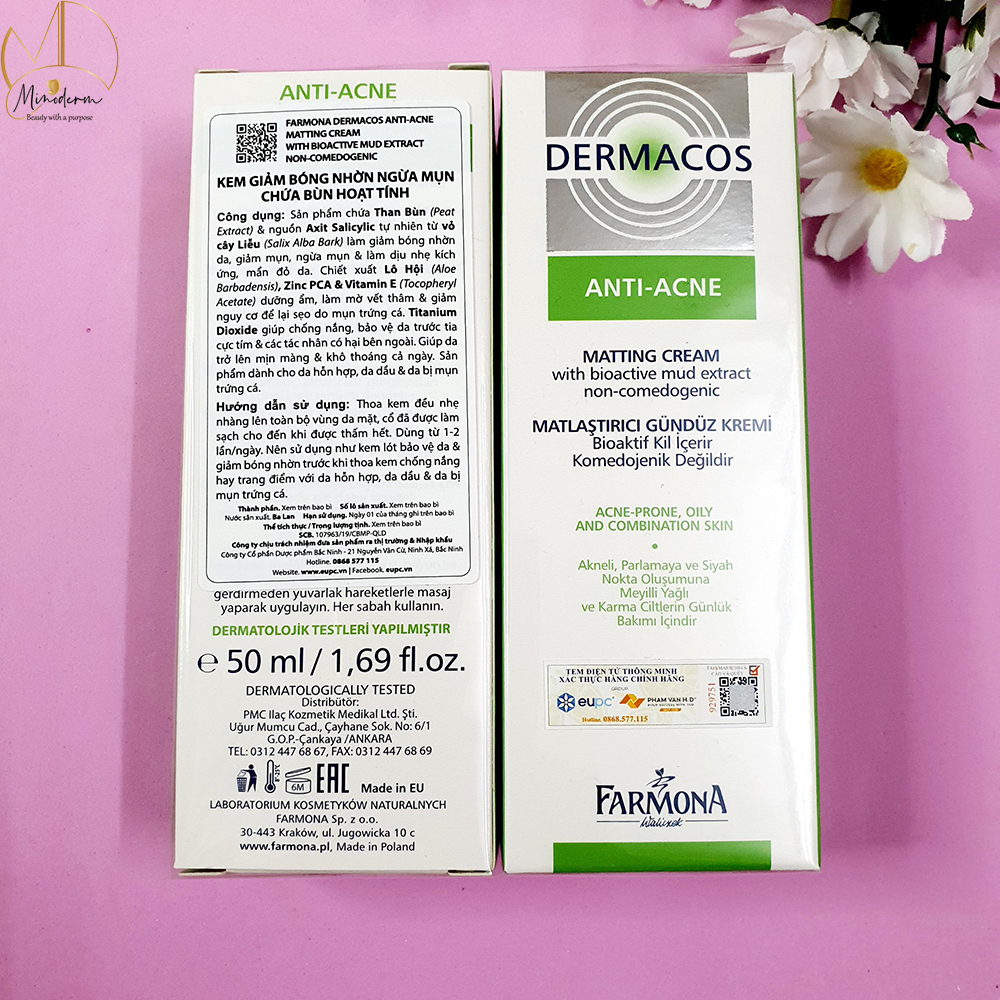 Kem dưỡng Farmona Dermacos Anti-Acne Matting Cream kiềm dầu, giảm mụn, se khít lỗ chân lông 50ml