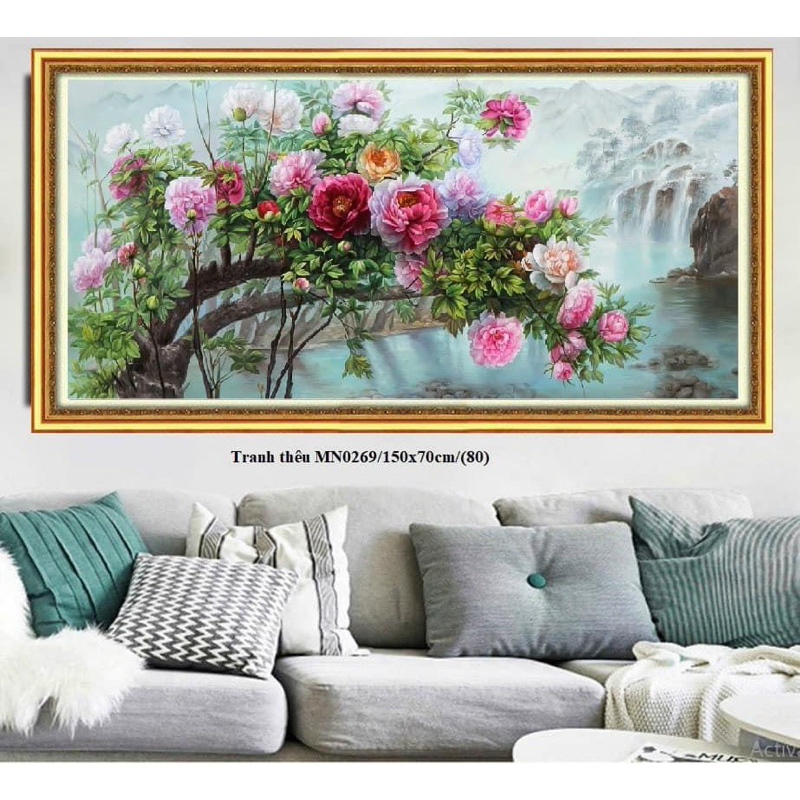 tranh thêu chữ thập hoa mẫu đơn MN0269 (150x70)cm