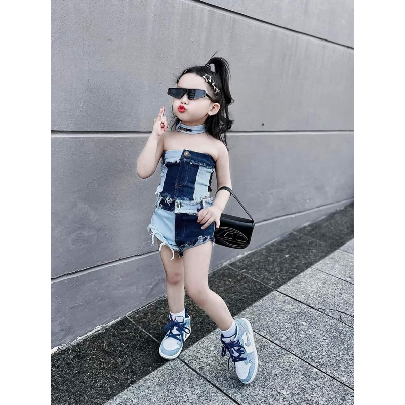 (HÀNG THIẾT KẾ) Set áo ống quần short jeans rách KÈM VÒNG CỔ cho bé gái 7-40kg