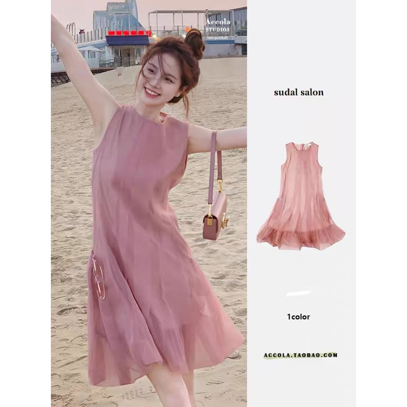 Đầm Voan hồng 2 lớp sát nách dáng xuông siêu xinh đi biển mùa hè hàng QCCC
