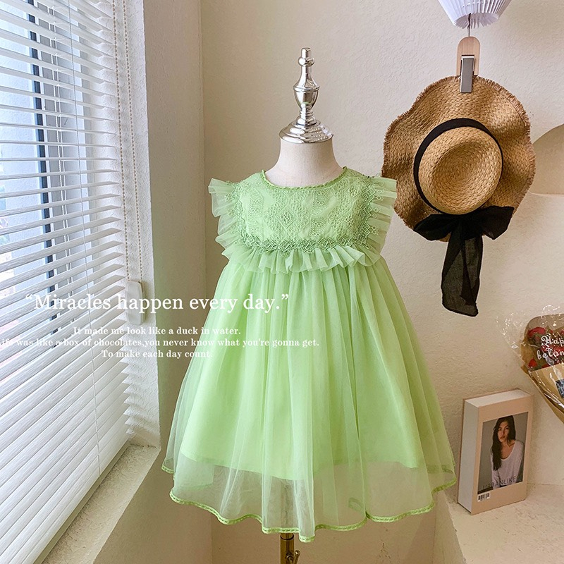 Váy Voan Viền Ren Nơ Lưng Công Chúa Cho Bé Gái