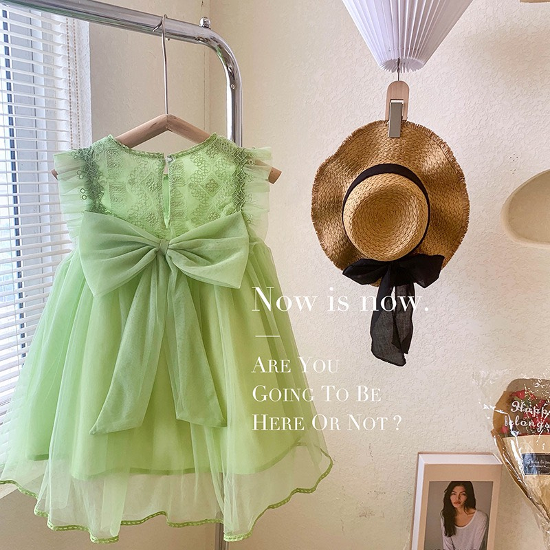 Váy Voan Viền Ren Nơ Lưng Công Chúa Cho Bé Gái