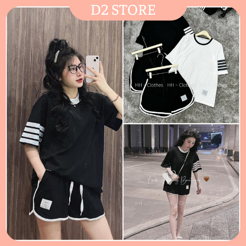Set Bộ Đùi Thome Set Bộ Nữ Áo Phông Sọc Ngang Tay Mix Quần Sooc Đùi Thể Thao Freesize