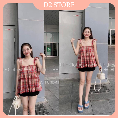 Set Bộ Đồ Nữ Áo 2 Dây Kẻ Đỏ Baby Buộc Dây Vai Mix Quần Sooc Đùi Đen Freesize
