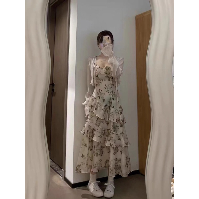 D8 Đầm váy 2 dây voan phối bèo xẻ tà phong cách ulzaang Vintage Taobao 2023