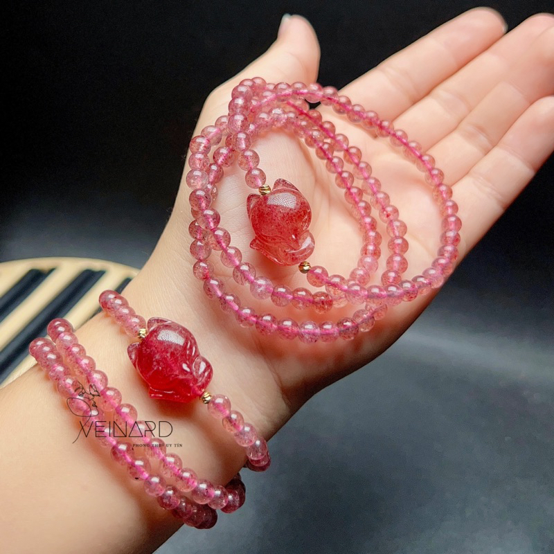 Vòng tay 3 vòng hồ ly thach anh dâu tây hồng