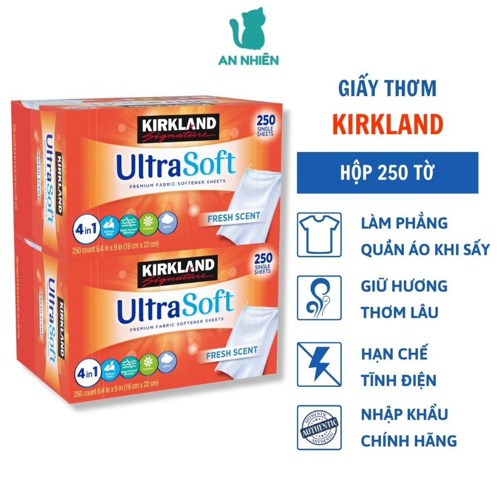 Giấy thơm quần áo Kirkland Ultra Soft hộp 250 tờ chống nhăn vải khi sấy, hạn chế tĩnh điện vào mùa khô