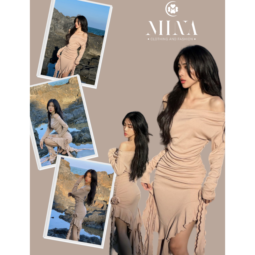 (Mẫu mới )Đầm Body Bẹc Vai Tua Rua Đính Hoa Trà Hàng thiết kế 3390