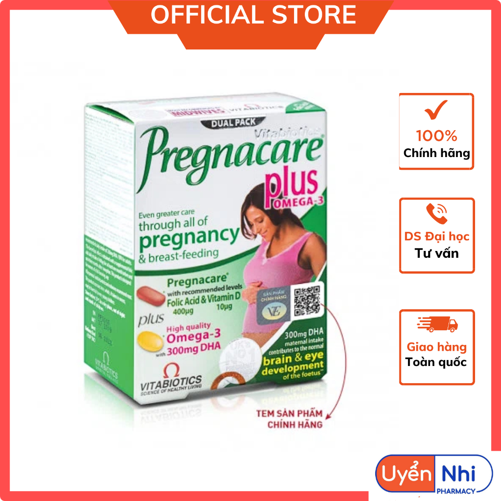 Viên Uống Cho Mẹ Bầu Vitabiotics PREGNACARE PLUS OMEGA-3 Tăng Cường Sức Khỏe Nâng Cao Đề Kháng Hộp 56 Viên