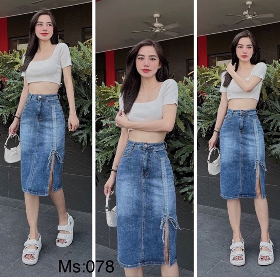 Chân váy jean Xẻ tà bên hông cột nơ-Chân Váy Lưng Cao Xẻ Tà Quyến Rũ Cho Nữ Hót Trend mẫu mới hot trend 2023