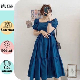 Váy đầm bầu dự tiệc xinh xắn-đầm bầu mùa hè đi biển cực xinh thời trang hàn dáng babydoll cổ vuông sang chảnh