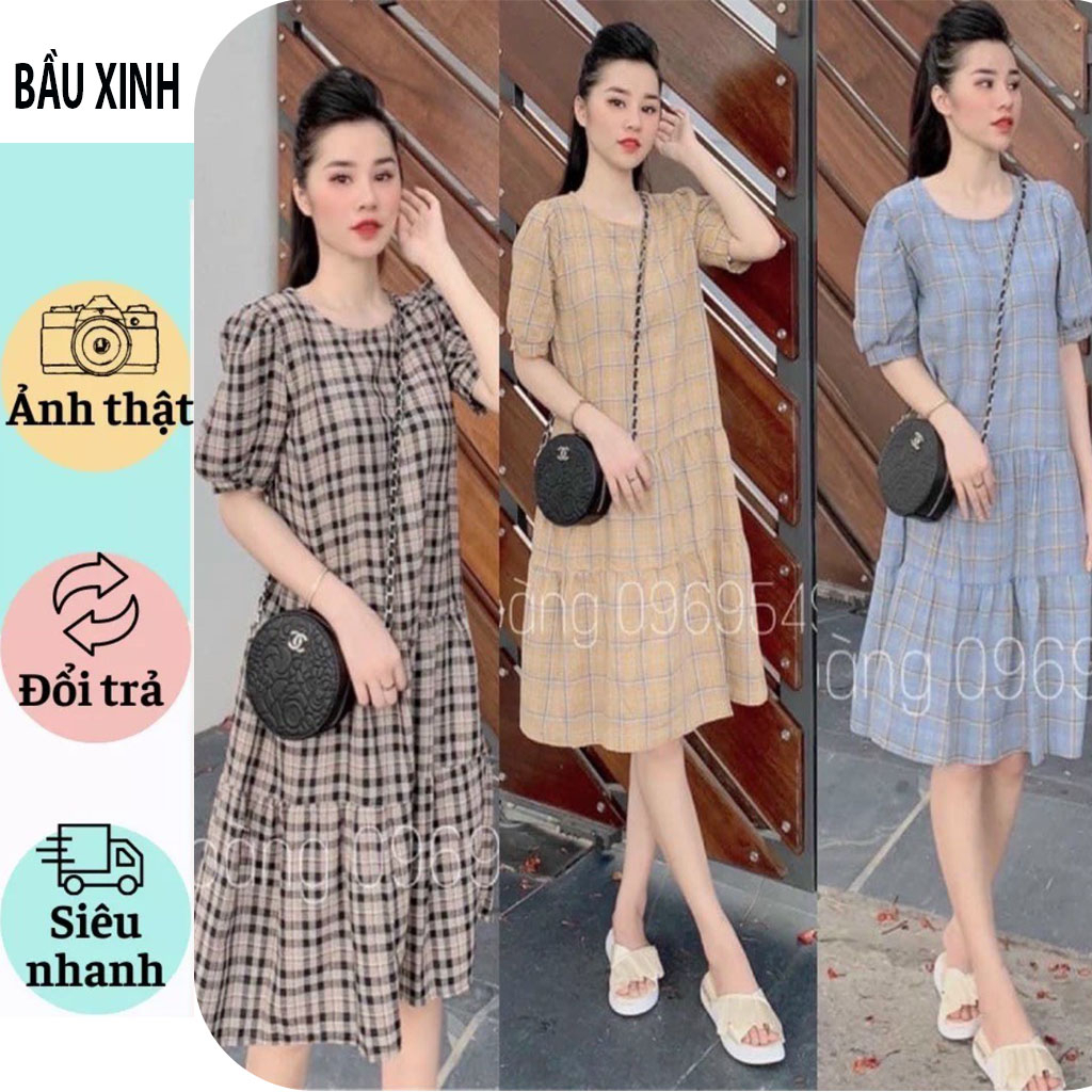 VÁY ĐẦM BẦU KẺ CARO XINH XẮN-ĐẦM BẦU CÔNG SỞ MÙA HÈ DÁNG BABYDOLL KẺ CARO THỜI TRANG HÀN VẢI THÔ MỀM MÁT BIGSIZE