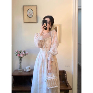 Đầm voan hoa dáng dài, đầm maxi hoa tay dài trễ vai nhún ngực phong cách tiểu thư gợi cảm - 5F Fashion