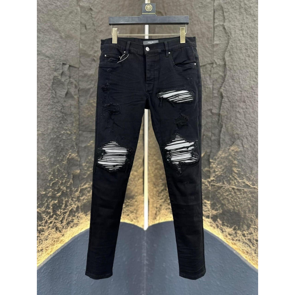 Quần JEAN Nam AMIRI Like_AU Skinny Đen Gối Vá Da Trắng Quần Bò Amiri Super 4 Cúc Nam Rách Vá Gối Họa Tiết Mẫu Hot