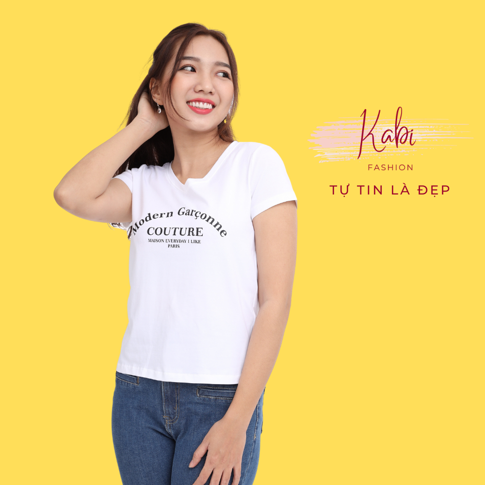 Áo thun tay ngắn nữ KABI áo cotton cổ tim cổ v in chữ basic form dáng ôm - WAN005