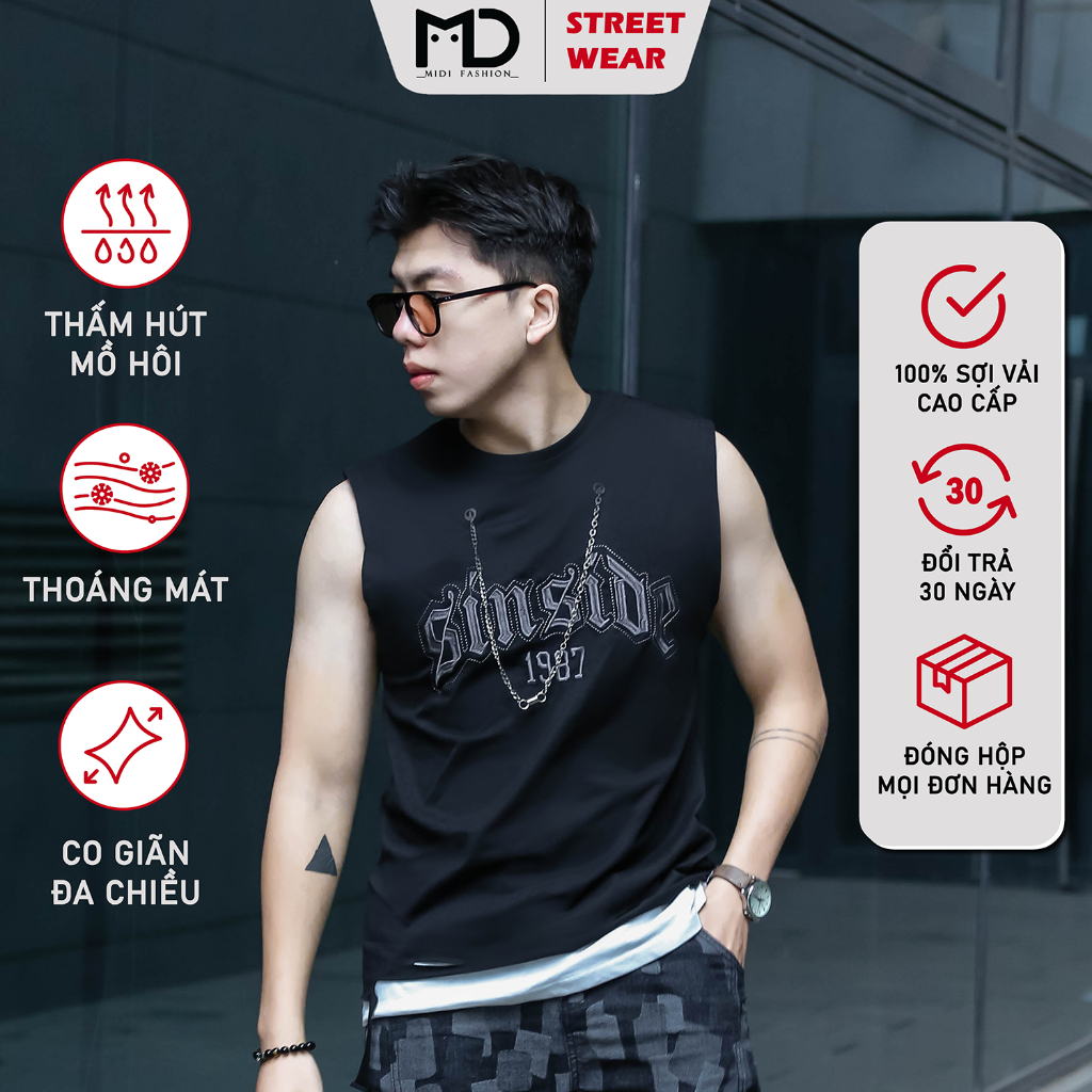 Áo thun tanktop unisex Midi rách gấu tạo layer đen trắng chất liệu cotton thấm hút mồ hôi
