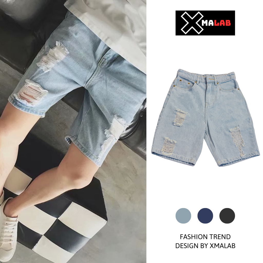 Quần đùi ngố jean nam XMALAB dáng short lửng suông 3 kiểu cào rách, chất bò xịn phong cách Hàn Quốc dễ phối đồ B020-1