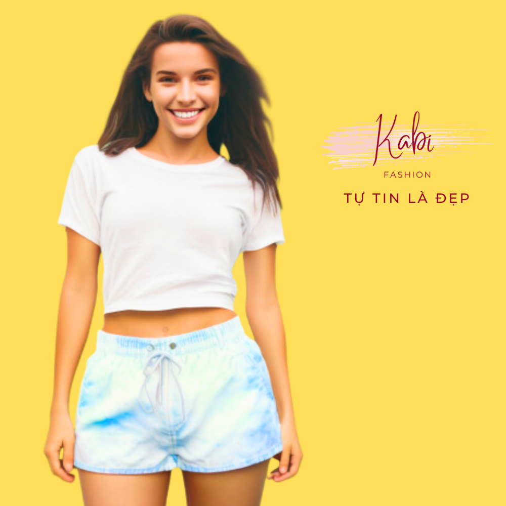 Quần đùi nữ KABI shorts ngắn xanh biển da trời thun cotton mặc nhà mặc ngủ hoa văn không túi thoáng mát dễ thương