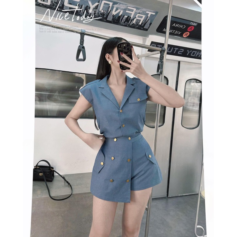 Hình Chụp Thật (Sau) - Set Áo Vest Cúc Jean Bò Demin Phối Quần Giả Chân Váy Áo Có Độn Vai Thiết Kế Sanh Chảnh