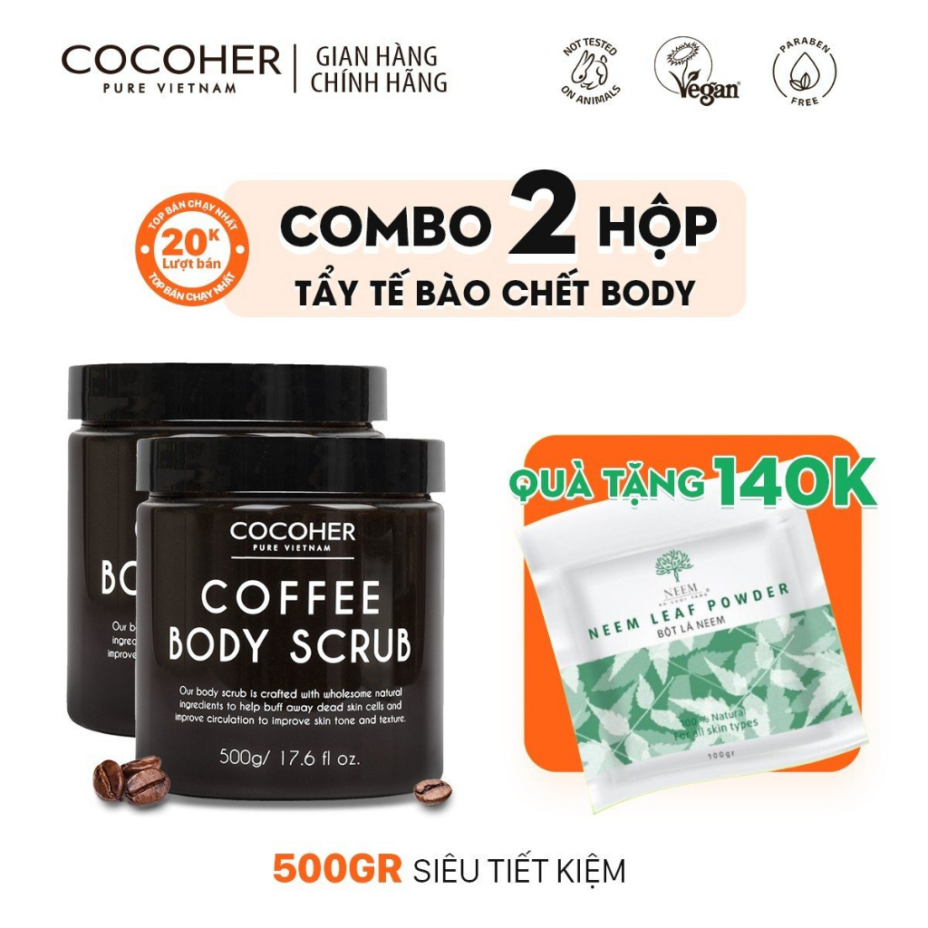 Combo 2 hộp Tẩy tế bào chết trắng da cà phê hữu cơ COCOHER, Tẩy tế bào chết cafe giúp da mịn màng trắng da 500gr | BigBuy360 - bigbuy360.vn