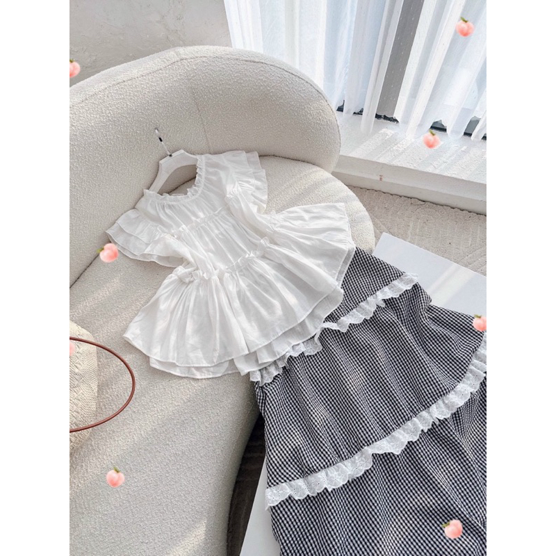 SET ÁO DOLL TRẮNG + CHÂN VÁY CARO VIỀN REN MIDI
