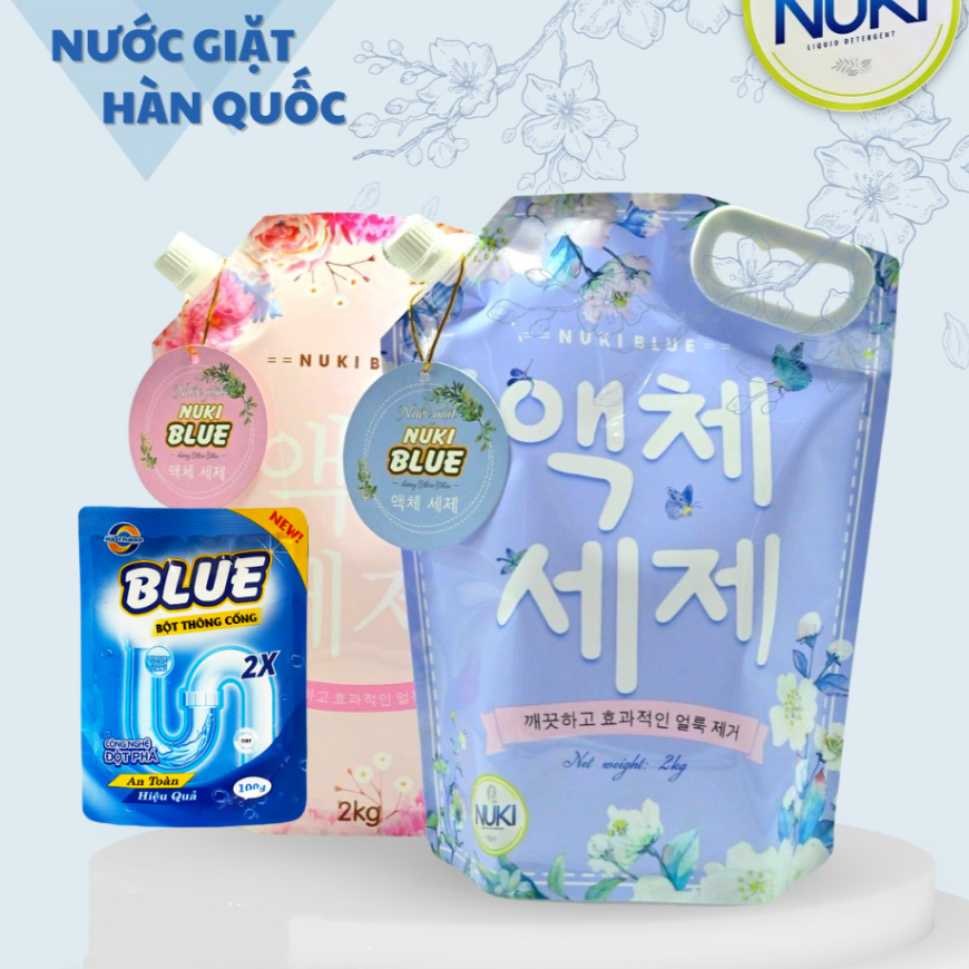 Combo 2 Túi Nước Giặt Xả Hàn Quốc Blue, Quà Tặng 1 Gói Bột Thông Cống Blue