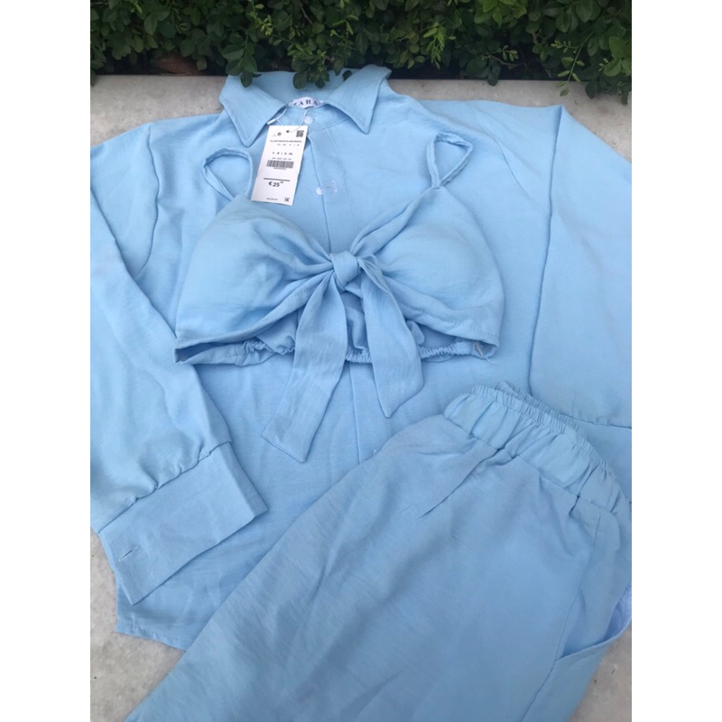 Set 3 món quần suông áo sơ mi kèm bra