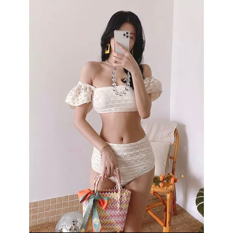 Set bikini 2 mảnh tay bồng vải ren co giãn