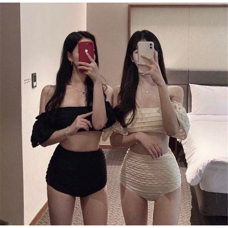 Set bikini 2 mảnh tay bồng vải ren co giãn