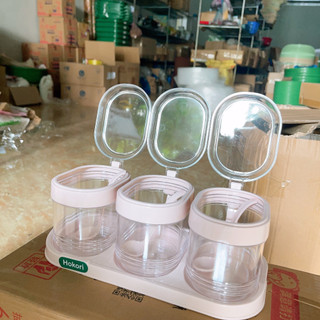 Hũ đựng gia vị 3 món có nắp kèm muỗng, Hũ đựng gia vị nhựa Việt Nhật, Hũ đựng gia vị