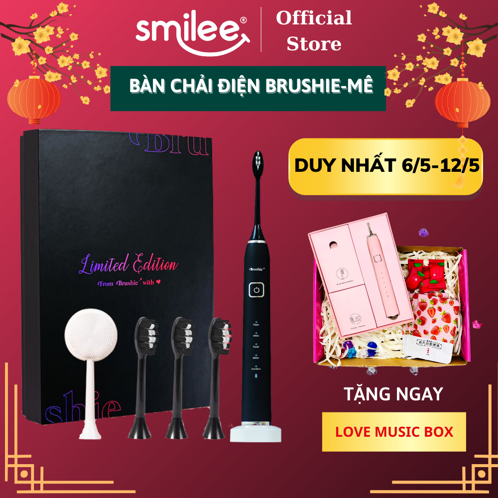 Bàn chải điện Brushie 5 chế độ và set 3 đầu bàn chải - Combo siêu tiết kiệm công nghệ sóng âm sonic, chải sạch mảng bám