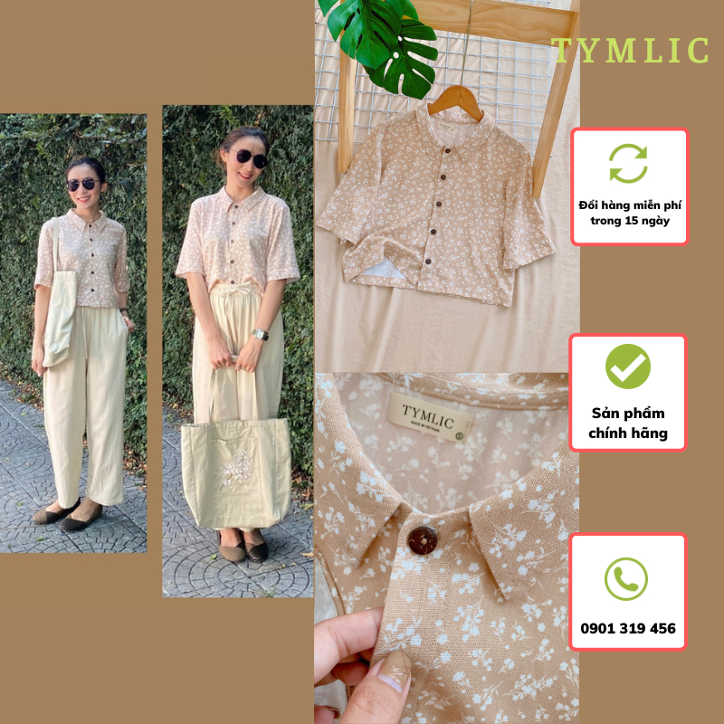 Áo Sơ Mi Linen Dáng Croptop Màu Hoa Nhí Be TYMLIC