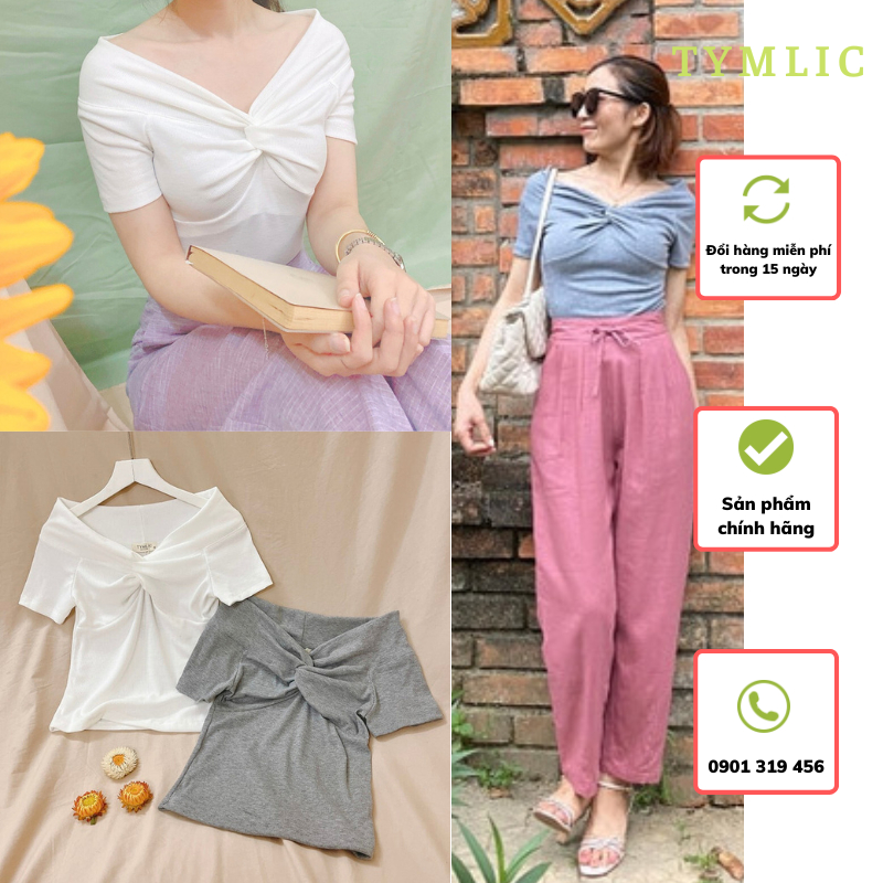 Áo Pull Gân Ngắn Tay Trễ Vai Xoắn Nơ 2 Màu TYMLIC