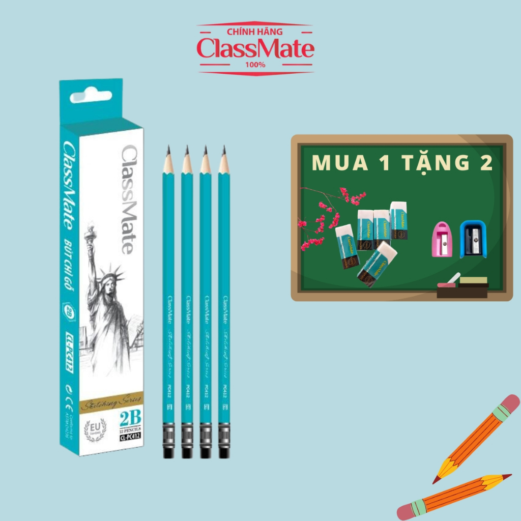 Hộp 12 Chiếc Bút Chì Gỗ Có Tẩy 2B CLASSMATE Nét Bút Mịn Chì Mềm, Dùng Cho Bé Tập Viết CL-PC412