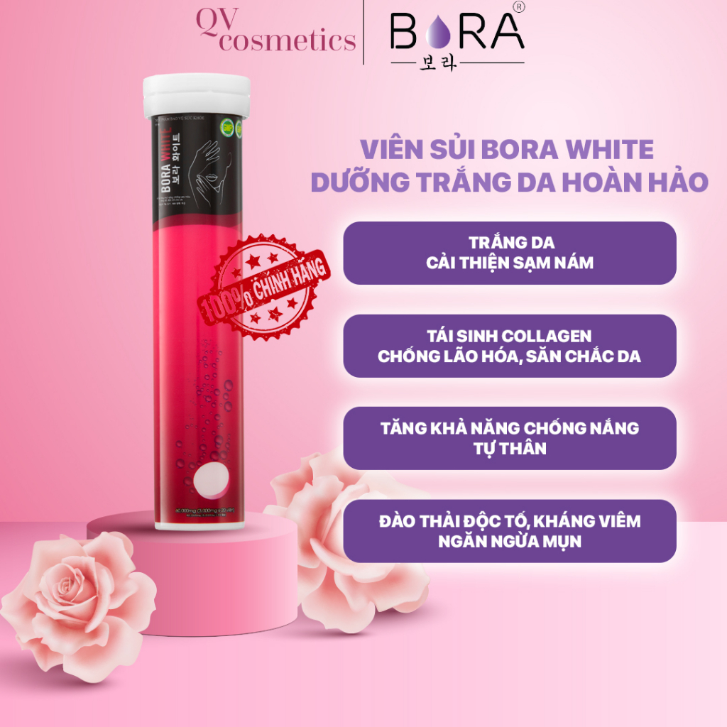 Viên sủi trắng da Hàn Quốc BORA WHITE mờ thâm nám tăng đàn hồi săn chắc da hộp 20 viên - Hàng chính hãng