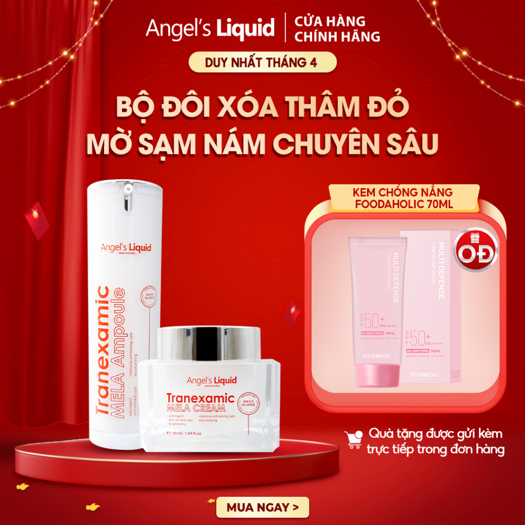 Bộ Sản Phẩm Xoá Thâm Đỏ, Mờ Sạm Nám Chuyên Sâu Angel's Liquid Tranexamic Mela Ampoule & Cream