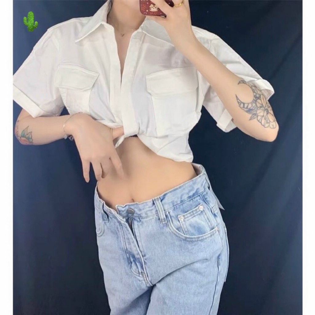 Áo sơ mi nữ màu trắng tay ngắn croptop xoắn eo form rộng thoải mái năng động PC