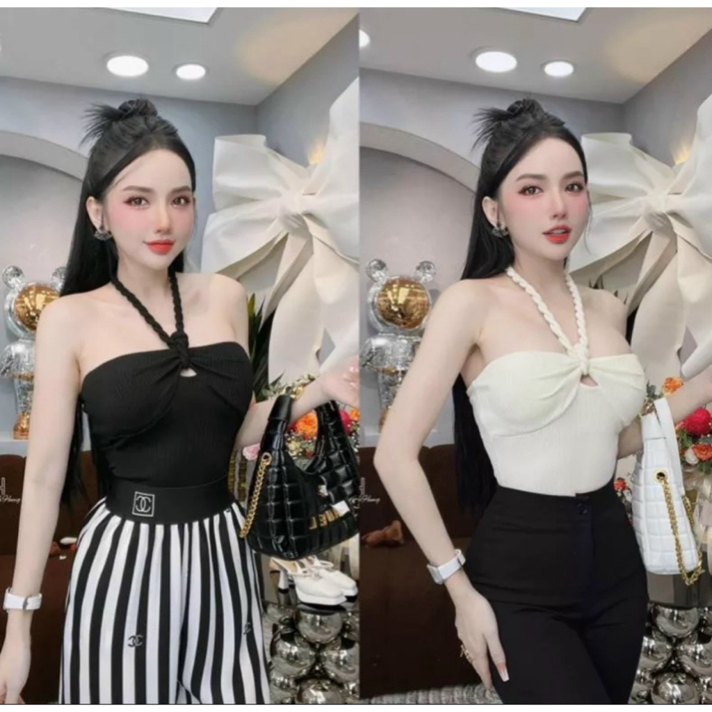 Áo yếm len tăm vặn xoắn dây thừng cúp ngực croptop ôm body sexy MC