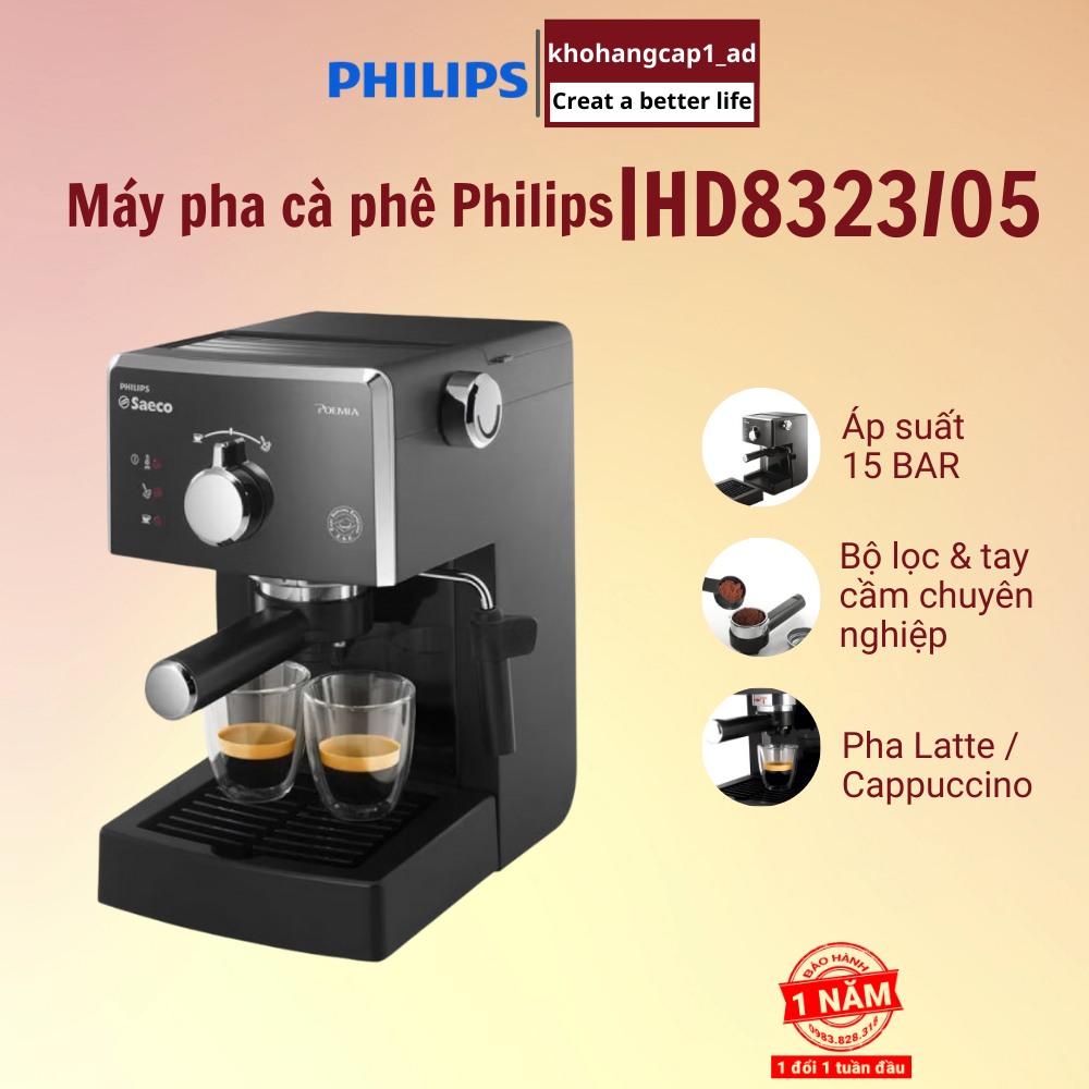 Máy pha cà phê Philips café Espresso tạo bọt sữa, bán tự động HD8323/05 Philips Saeco Poemia 850W áp suất 15Bar