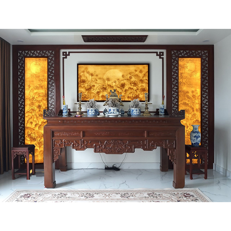 Bộ tranh trúc chỉ cao cấp được làm thủ công từ bột tre mẫu hoa sen trăng trúc, trang trí phòng thờ đẹp