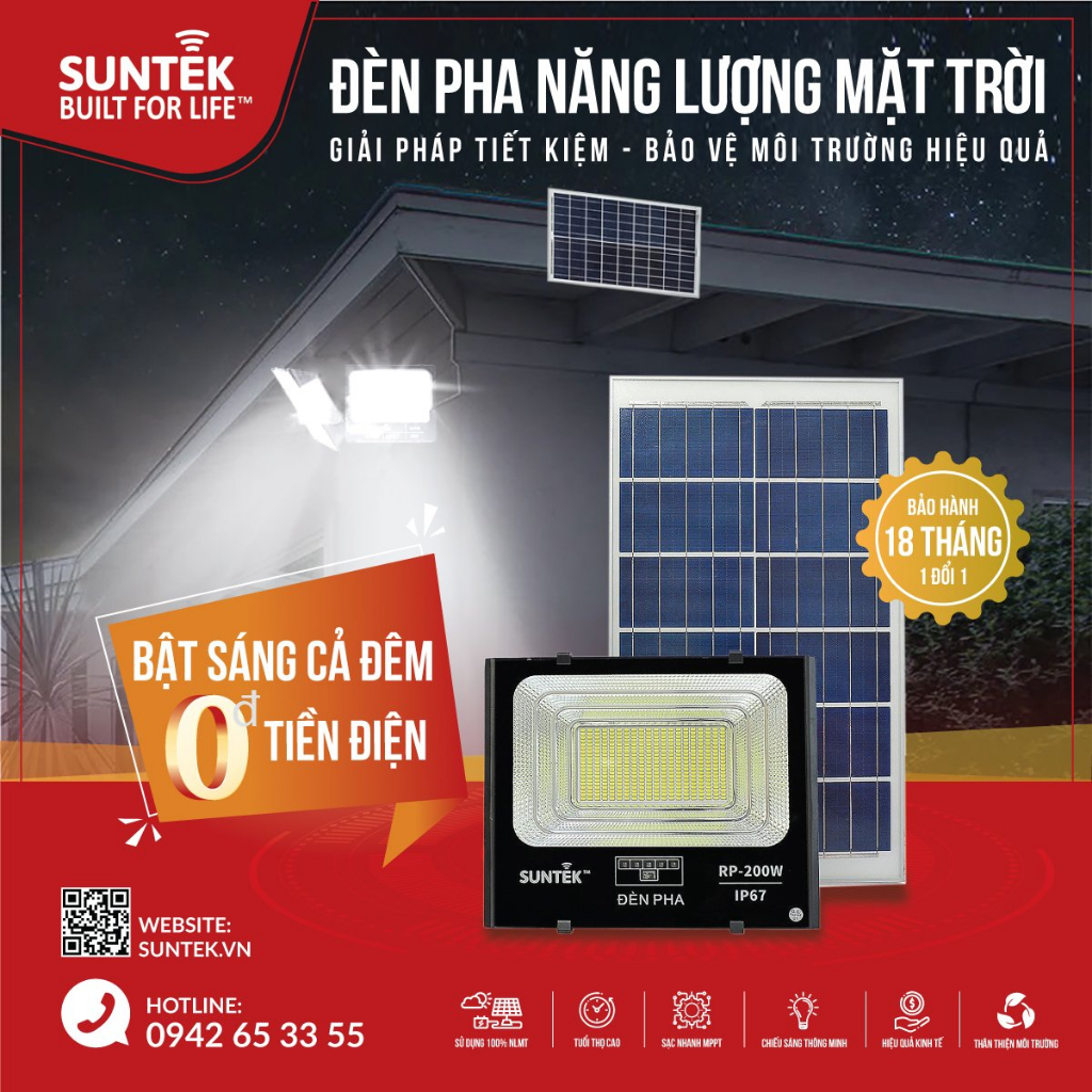 Đèn Pha Năng Lượng Mặt Trời SUNTEK RP-100W-200W-300W - Sáng cả đêm | Tự động Bật/Tắt - Hàng Chính Hãng - BH 18 tháng