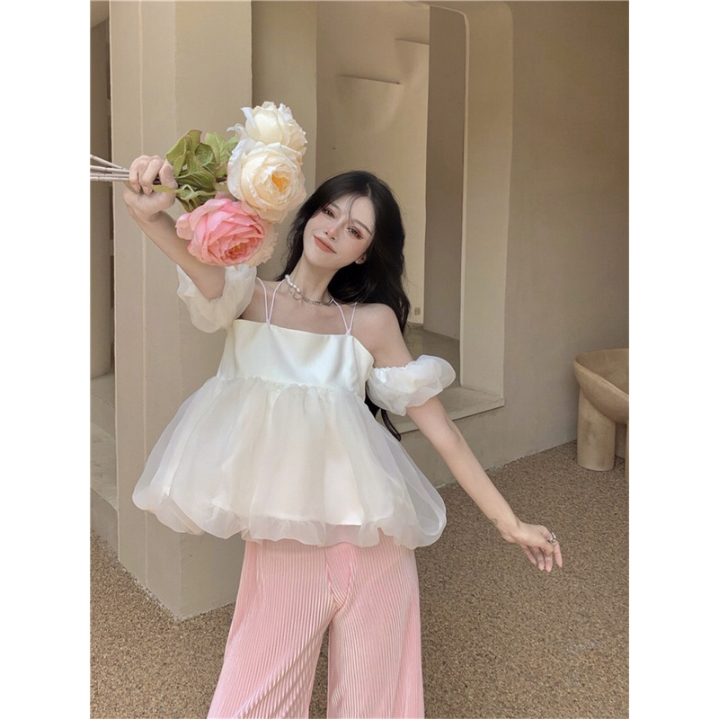 Áo Babydoll Trễ Vai Tay Bồng Tiểu Thư