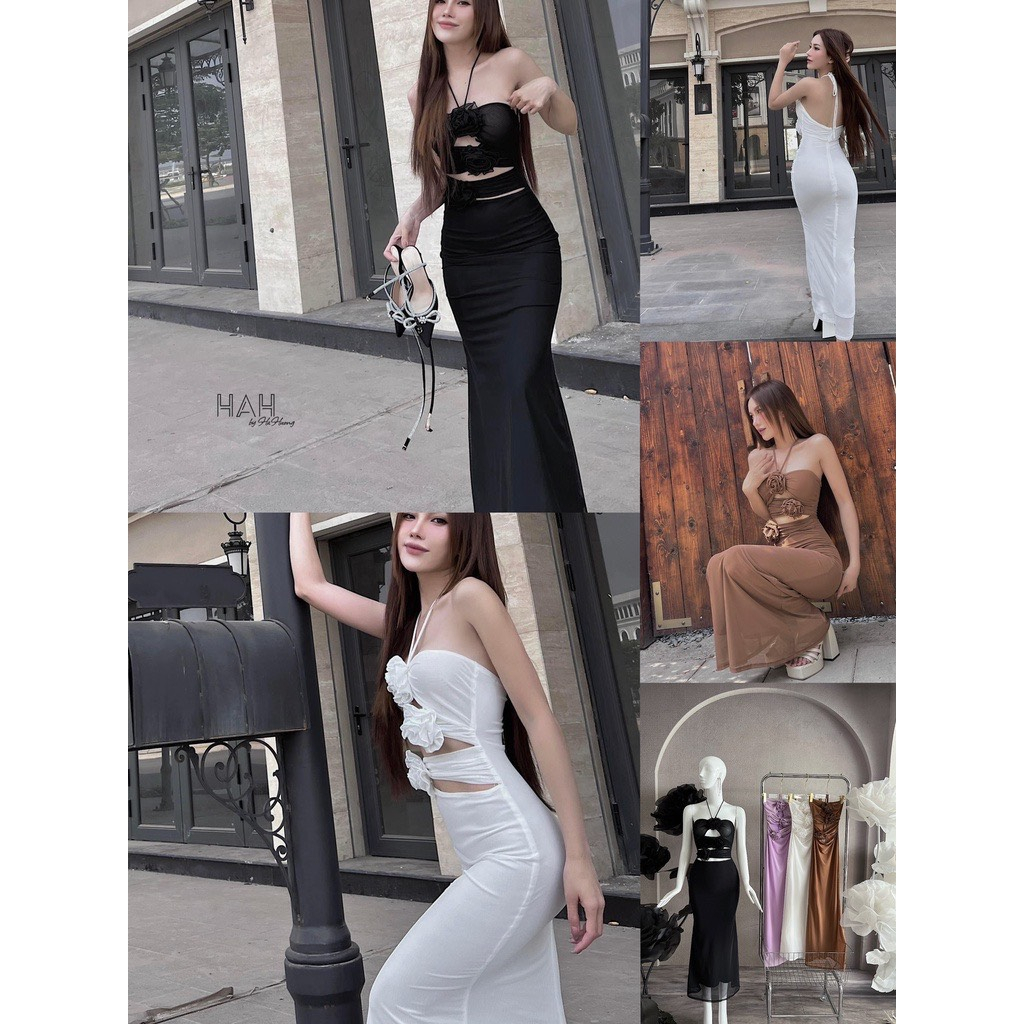 Đầm yếm maxi đính 3 bông hoa trước ngực khoét eo ôm body cực sexy , chất thun gân dày dặn mềm mịn