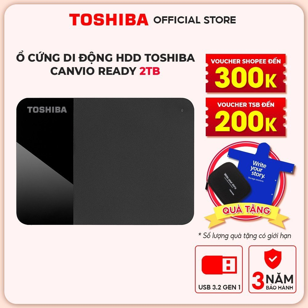 Ổ cứng di động HDD Toshiba Canvio Ready 2TB USB 3.2 Gen 1 - Tặng Túi Chống Sốc + Áo Mưa
