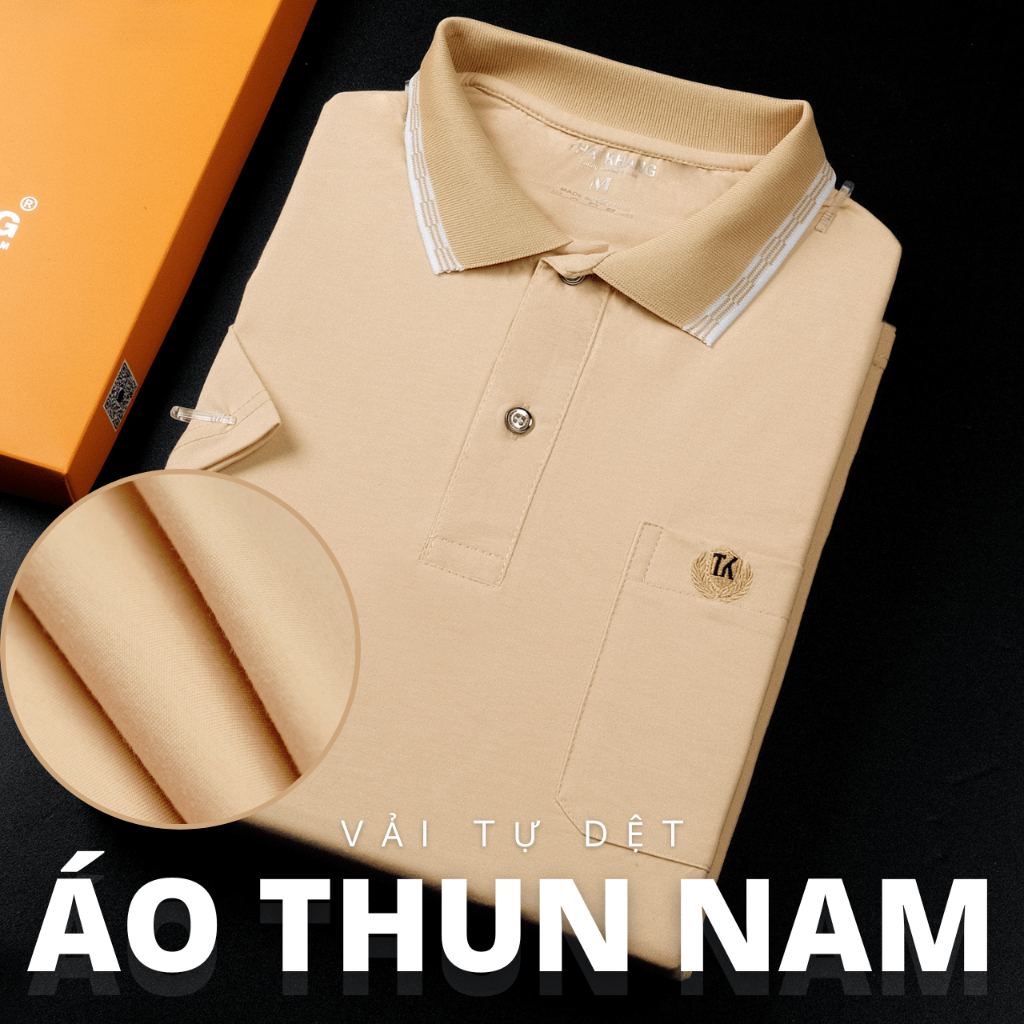 Áo thun nam trung niên ngắn tay Thái Khang vải cotton sọc cổ form rộng ATHUN12